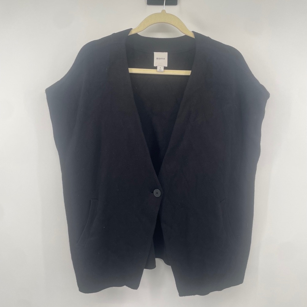Maeve Knit Vest Women Medium Black Single Button V-Neck Sleeveless Pockets Layer
